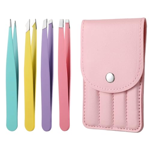 Zelphvt 4-Piece Mini Tweezer Set with Case Stainless Steel Precision Tweezers for Eyebrows and Ingrown Hair Removal