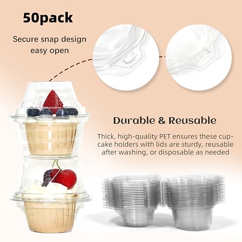 WIKDAY 50 Pack Plastic Cupcake Containers with Lids - Reusable Clear Food Storage