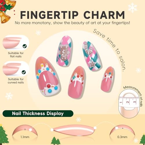 HOSAILY Pink Christmas Press on Nails Short Almond False Nails 30Pcs