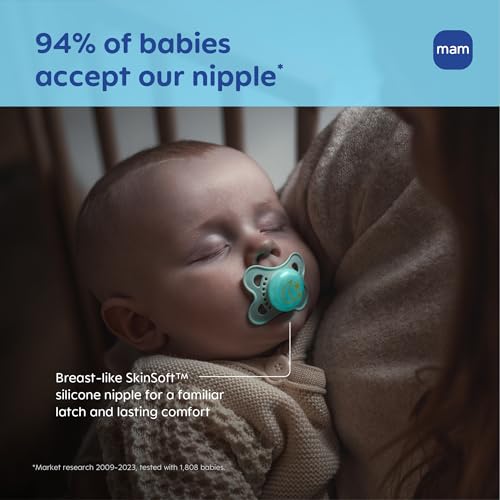 MAM Original Glow-in-the-Dark Pacifiers, 0-6 Months, Blue Teal/Cotton, 2 Pack