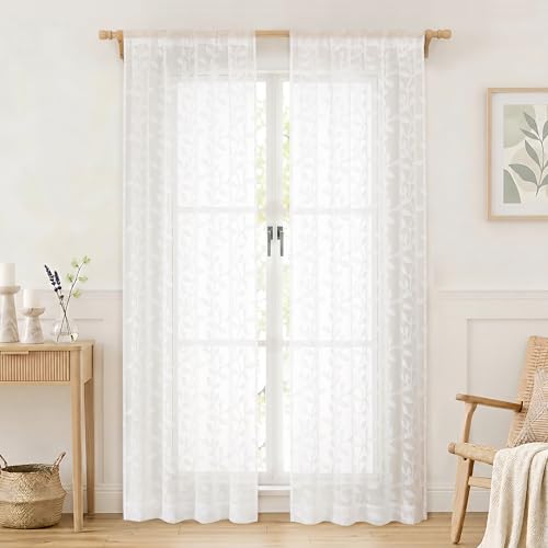 Light Filtering Leaf Jacquard Sheer Curtains 84" Long - 2 Panels Set, 37"W Each
