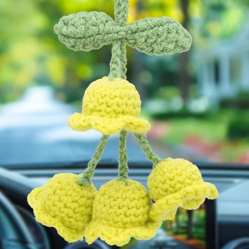 Handmade Knitted Lily Flower Pendant for Car Mirror Decor
