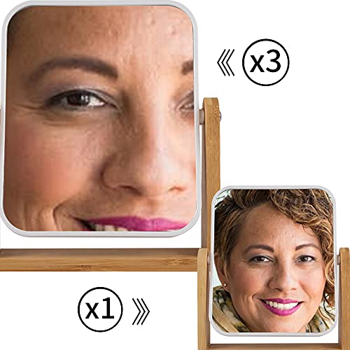 YYPDC Double-Sided Makeup Mirror with Bamboo Stand 1X/3X Magnification, 360° Swivel Vanity Mirror for Bedroom & Desk