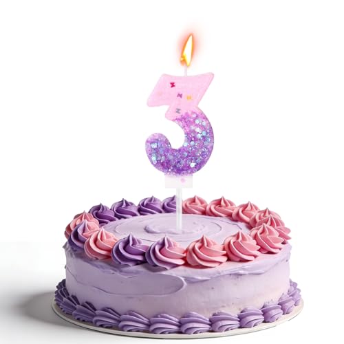 Glitter Pink & Purple Number 3 Birthday Candle Topper