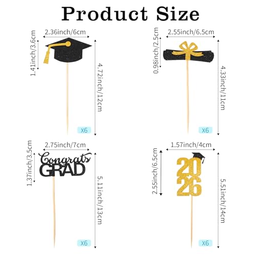 Graduation Cupcake Toppers 2026 - 24 PCS Gold Congrats Grad Picks