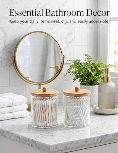 Clear Plastic Cotton Swab Holder with Bamboo Lid - Medium Organizer