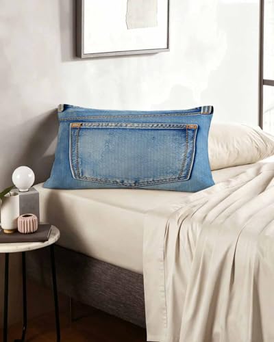 12x20 Faux Denim Throw Pillow Cover with Printed Jean Pocket Design
