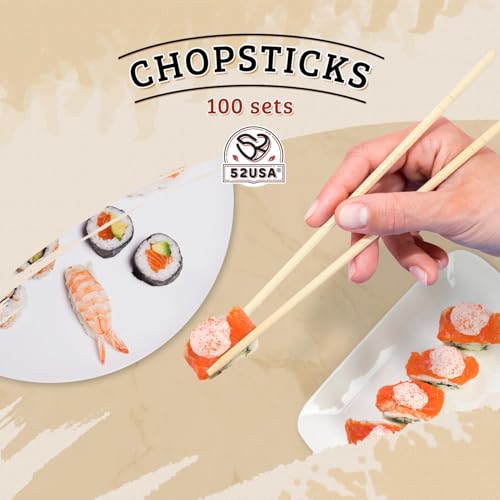 52USA Individually Wrapped Disposable Bamboo Chopsticks, 9-Inch (100 Pairs)