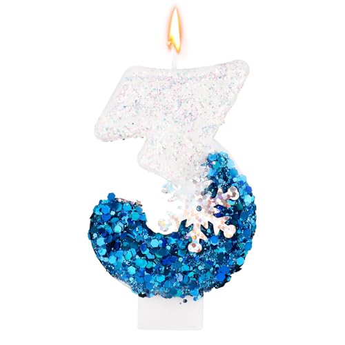 Snowflake Sequin Number 3 Birthday Candle - Elegant Cake Topper