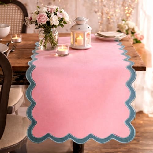 Pink Scalloped Cotton Table Runner 14x108 Inch for Dining & Parties - Laguna Blush