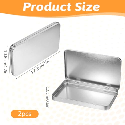 2 Pack Rectangular Metal Tins with Lids - 7 x 4.2 x 0.6 Inch for Storage
