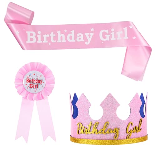 Pink Birthday Girl Crown and Sash Set for Girls | Party Accessories