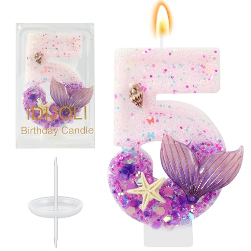 Purple Number 5 Mermaid Birthday Candle - Cake Topper & Decor