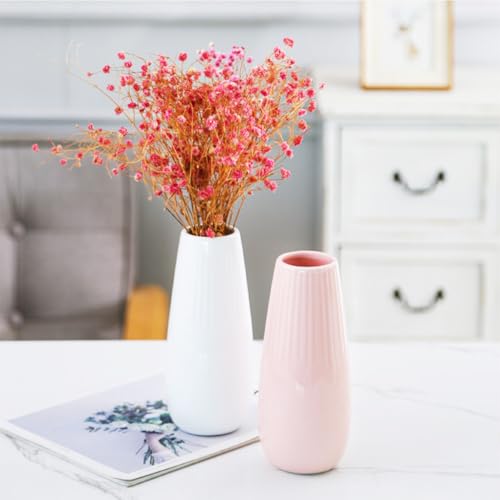 Valemoon White Ceramic Vase - 7.5 Inch Modern Striped Flower Holder for Pampas, Tulips, Calla Lilies, Minimalist Home Decor