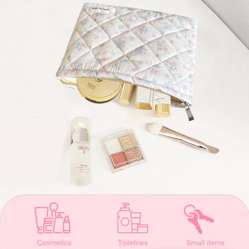 Sunwel Floral Quilted Makeup Bag Cute Cotton Toiletry Travel Pouch
