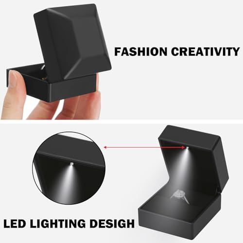 LETURE Black Velvet Ring Box with LED Light - 2 Piece Jewelry Display for Engagement & Wedding