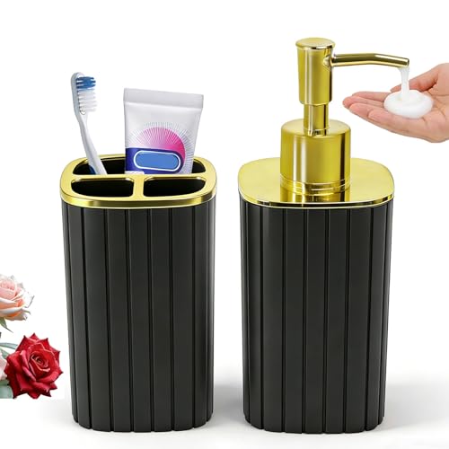 Black and Gold Bathroom Accessories Set - Soap Dispenser & Toothbrush Holder