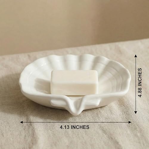 Ceramic Sea-Shell Soap Holder with Self-Draining Design - Elegant and Easy-Clean (White)