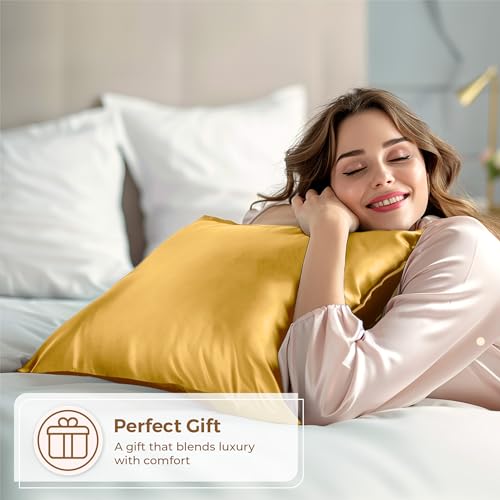 Gold Satin Pillowcase 2 Pack for Queen Size Bed - Silky Microfiber Sleep Cover - Pure Bedding