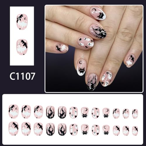 Halloween Press on Nails Short Acrylic False Nails Ghost Cat Design
