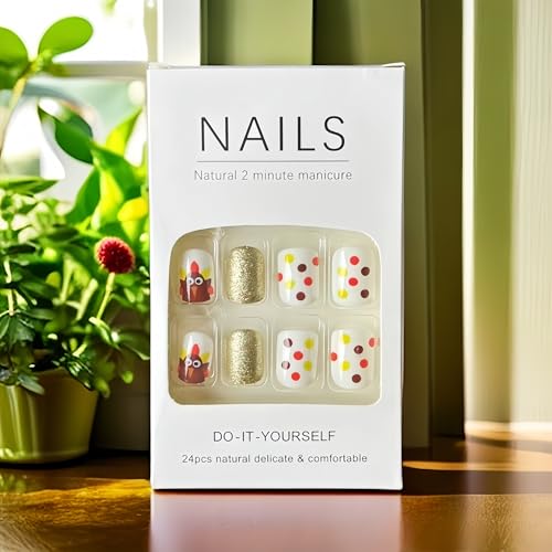 Fall Turkey Press on Nails Short Square False Nails with Gold Glitter