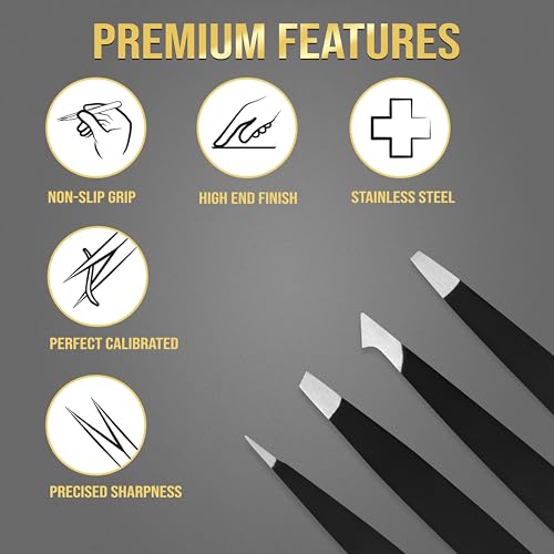 SILVEXA 4-in-1 Stainless Steel Precision Tweezers Set for Eyebrows and Ingrown Hair