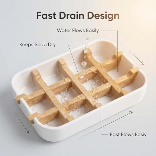 White Bamboo Soap Dish with Detachable Tray - Self-Draining