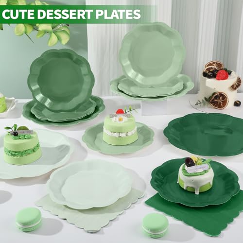 NatNarr Sage Green Plates & Napkins Set for Parties, 24 Guests, Scalloped Edges