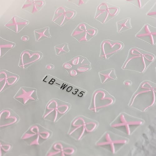 JMEOWIO 8 Sheets Heart Bow Tie Nail Art Stickers Decals Pink