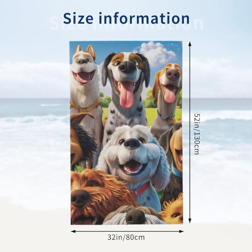 Funny Selfie Dogs Beach Towel, Lightweight Microfiber Pool Towel 52" x 32"