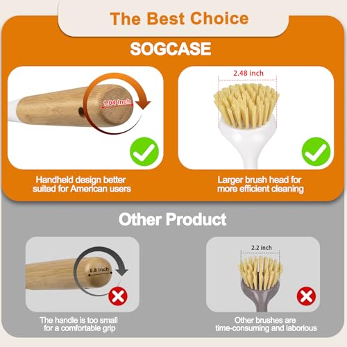 SOGCASE Bamboo Dish Brush Set with Built-in Scraper, 2 Pack