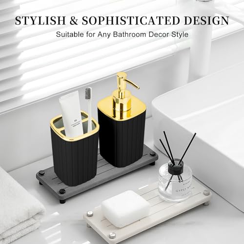RRM Black and Gold Bathroom Accessory Set - 2-Piece Soap Dispenser & Holder