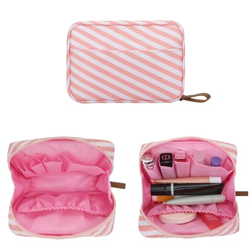 DOB SECHS Mini Striped Nylon Cosmetic Bag & Travel Makeup Pouch, Pink