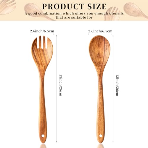 Gudamaye Acacia Wooden Salad Server Set - 13 Inch Salad Tongs with Fork & Spoon, Long Handle Salad Servers, Salad Mixing Utensils, Salad Servers