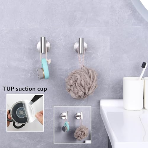 Heavy Duty No-Drill Suction Cup Coat Hooks - 2 Pack, Brushed Silver