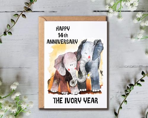 Happy 14th Anniversary Card - Elephants Design, 5x7 inches