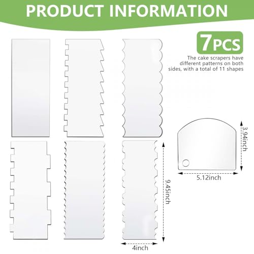SenseYo 7 Pcs Acrylic Cake Scrapers Set - 9.5 Inch Large Icing Smoothers with Patterned Edges for Cake Decorating & Frosting