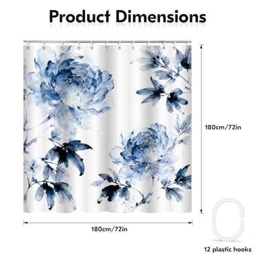 KLYOHAUS Watercolor Floral Shower Curtain, Blue-Gray Bohemian 72x72 Inch