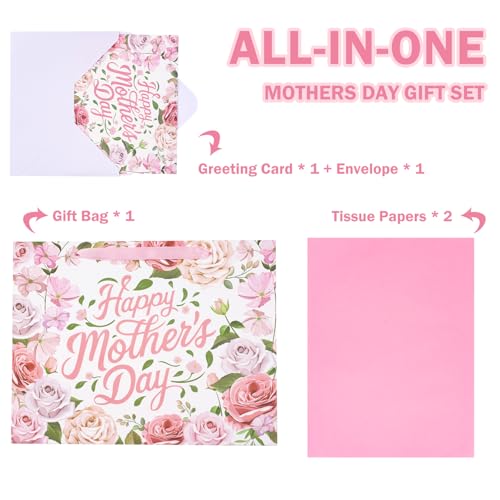 13" Floral Mother's Day Gift Bag with Card & Tissue Paper