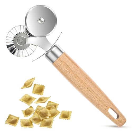 Double Wheel Pastry Cutter with Wooden Handle for Pizza & Cookies
