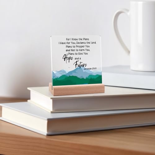 Inspirational Christian Acrylic Plaque with Wooden Stand - 4x4 Inch Desk Decor Gift