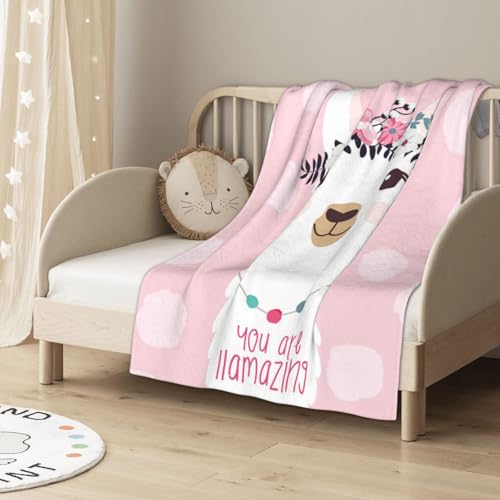 Pink Llama Blanket 50"x40" - Soft Flannel Throw for Kids & Pets