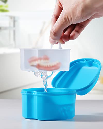 JMU Denture Bath Case with Strainer Basket, Light Blue Mouthguard Cup