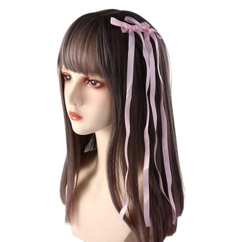 Pink Double Bow Hair Barrette with Long Ribbon for Women and Girls