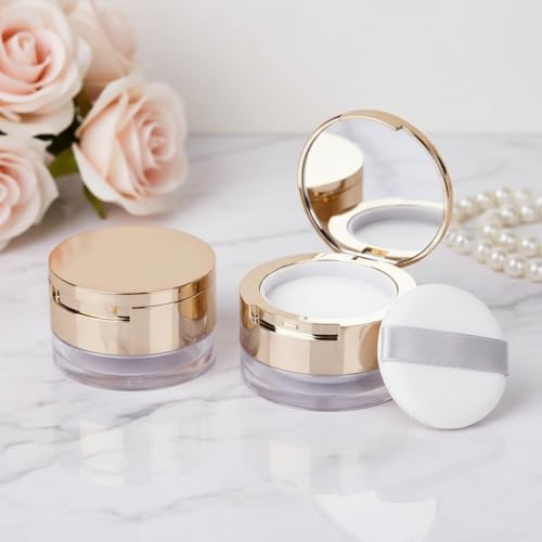 ZLmoue 6g Gold Loose Powder Container with Mirror and Puff