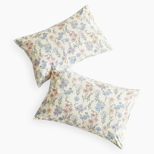 Wake In Cloud Floral Pillowcases Set of 2, Ivory Blue, 20x26 Inches