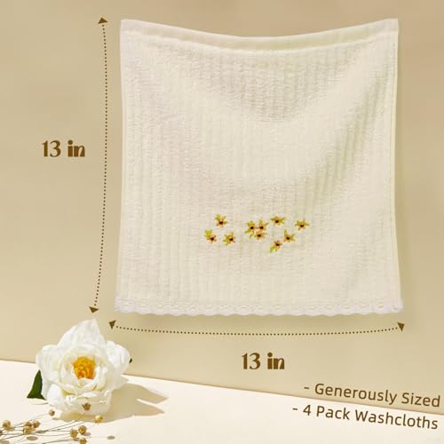 Jacquotha Floral Embroidered Wash Cloths - Cream 4 Pack for Face & Body