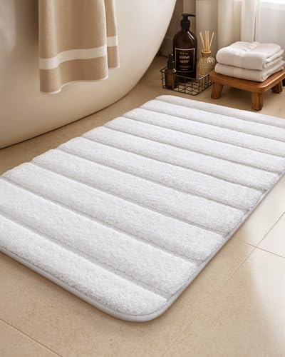 Color&Geometry White Bathroom Rug 17x30 inches, Non-Slip Microfiber Bath Mat