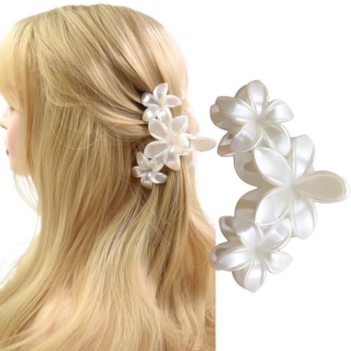 Pearl White Plumeria Flower Hair Claw Clip 4.3 Inch for Thick Hair