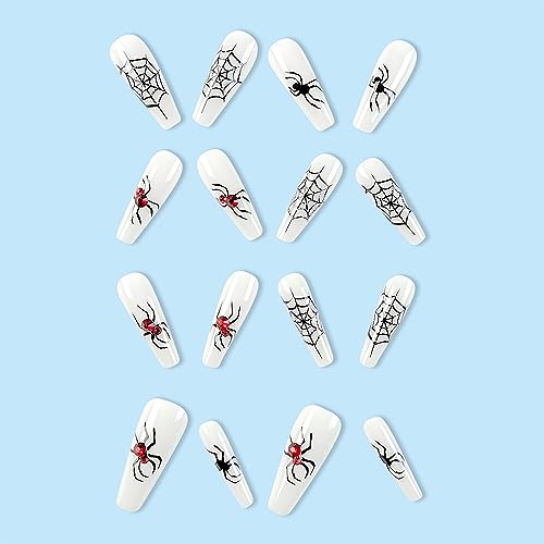 Halloween Long Coffin Press on Nails with Spider Web and Rhinestone